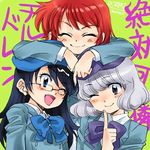  akashi_kaoru b.a.b.e.l._uniform blue_eyes blue_hair blush bow closed_eyes furudori_yayoi glasses lowres multiple_girls nogami_aoi one_eye_closed open_mouth purple_eyes red_hair sannomiya_shiho school_uniform short_hair silver_hair smile the_children zettai_karen_children 