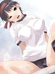  :o aka_ume black_hair black_legwear blush breasts buruma green_eyes gym_uniform hairband kneehighs large_breasts looking_at_viewer open_mouth original shirt short_hair short_sleeves simple_background solo spread_legs sweatdrop teardrop teeth white_shirt 