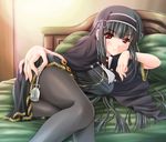  bed bell green_hair kimi_ga_aruji_de_shitsuji_ga_ore_de kuonji_shinra long_hair noritama_(gozen) pantyhose red_eyes skirt solo 