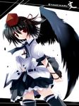  ai_takurou bangs black_wings hat looking_at_viewer shameimaru_aya solo thighhighs touhou wings zettai_ryouiki 