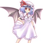  bat_wings blue_hair blush brooch dress gengorou hand_on_hip hat hat_ribbon jewelry red_eyes remilia_scarlet ribbon short_hair solo touhou wings wrist_cuffs 