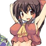  armpits breasts crop_top hakurei_reimu imagining impossible_clothes impossible_shirt large_breasts lowres navel oekaki ryokushiki_(midori-ya) shirt sideboob smile solo touhou 