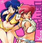  :p armlet blue_eyes blue_hair bracelet brown_eyes dirty_pair earrings furudori_yayoi gloves headband holster jewelry kei_(dirty_pair) long_hair midriff multiple_girls oldschool one_eye_closed open_mouth red_hair short_hair tan tongue tongue_out yuri_(dirty_pair) 