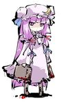  blood book crescent hair_ribbon hat long_hair looking_at_viewer lowres patchouli_knowledge purple_eyes purple_hair ribbon simple_background solo tokiame touhou white_background 