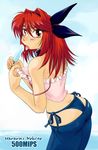  ass bare_shoulders bikini_jeans collar copyright_request denim food hot jeans lowleg lowleg_pants meme_attire pants popsicle ranbu_hararin red_eyes red_hair solo strap_slip sweat tongue underwear 