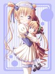  blonde_hair blue_background blue_eyes bonnet crossover dekosuke hug look-alike multiple_girls one_eye_closed rozen_maiden saint_october shinku shirafuji_natsuki sweatdrop 