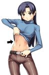  abs belt blue_hair bra brown_eyes directional_arrow hand_on_hip idolmaster idolmaster_(classic) idolmaster_1 kisaragi_chihaya midriff navel pants shirt_lift solo tanaka_shoutarou tight tight_pants turtleneck underwear 