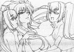  :d blush breast_grab breasts covered_nipples eyebrows eyebrows_visible_through_hair grabbing greyscale half-closed_eyes isse large_breasts monochrome multiple_girls open_mouth original ponytail profile simple_background smile upper_body white_background yuri 
