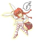  ahoge braid lyrical_nanoha mahou_shoujo_lyrical_nanoha mahou_shoujo_lyrical_nanoha_a's object_hug red_hair shirt sleeping solo striped striped_legwear stuffed_animal stuffed_bunny stuffed_toy t-shirt thighhighs twin_braids vita zero_point zzz 