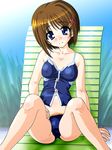  blue_eyes blue_sky blue_swimsuit blush breasts brown_hair cameltoe chair cleavage covered_nipples crotch day error feet_out_of_frame grass grin hair_ornament hairclip hand_on_thigh head_tilt knees_up looking_at_viewer lounge_chair lyrical_nanoha mahou_shoujo_lyrical_nanoha_strikers masutaauu medium_breasts navel nose_blush outdoors short_hair sitting sky smile solo spread_legs sun swimsuit tankini x_hair_ornament yagami_hayate 