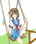  blue_sailor_collar brown_hair food ichiya_(obey) kita_high_school_uniform popsicle sailor_collar school_uniform serafuku short_hair solo suzumiya_haruhi suzumiya_haruhi_no_yuuutsu swing 