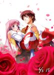  1girl bow brown_eyes brown_hair carrying character_request copyright_request couple dress flower hair_ribbon hetero kazami_haruki long_hair one_eye_closed pink_hair princess_carry red_flower red_rose ribbon rose smile white_background 