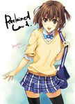  :d brown_eyes brown_hair hands luna_(reclaimed_land) open_mouth original plaid plaid_skirt school_uniform short_hair skirt sleeves_pushed_up smile solo sweater thighhighs zettai_ryouiki 
