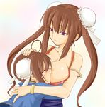  blush breast_smother breast_sucking breasts brown_hair bun_cover chung_e double_bun esa huge_breasts multiple_girls purple_eyes ragnarok_online twintails yuri 