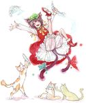  animal_ears bloomers brown_hair cat cat_ears cat_tail chen chihiro_(kemonomichi) closed_eyes earrings eating fang fingernails fish hat jewelry long_fingernails multiple_tails ribbon short_hair solo tail tail_ribbon touhou underwear white_bloomers 