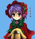  blush bonnet bow capelet chipa_(arutana) cosplay crossover kunkun nagato_yuki purple_hair red_capelet rozen_maiden shinku shinku_(cosplay) short_hair simple_background solo suzumiya_haruhi_no_yuuutsu yellow_eyes 