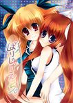  bare_shoulders blonde_hair closed_mouth cover cover_page doujin_cover eima_hiyou eyebrows_visible_through_hair fate_testarossa looking_at_viewer lyrical_nanoha mahou_shoujo_lyrical_nanoha_strikers multiple_girls purple_eyes red_eyes smile takamachi_nanoha tareme translation_request twintails 