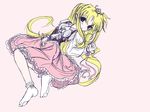  blonde_hair bobby_socks dress fate_testarossa frapowa full_body head_tilt long_hair lyrical_nanoha mahou_shoujo_lyrical_nanoha pink_background pink_dress simple_background socks solo very_long_hair white_legwear 