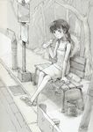  bare_shoulders bench breasts bus_stop cleavage collarbone dorsiflexion full_body fuyuno_haruaki greyscale loafers looking_at_viewer monochrome original road shoes sidewalk sign sitting small_breasts solo street 