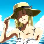  ^_^ alternate_hairstyle artoria_pendragon_(all) bare_shoulders blonde_hair closed_eyes cloud collarbone day fate/stay_night fate_(series) fukurou hair_down hand_on_headwear hat ocean outdoors saber shade sky solo upper_body 