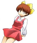  blush bow brown_hair buttons d=code dress gegege_no_kitarou legs looking_at_viewer nekomusume nekomusume_(gegege_no_kitarou_5) pinafore_dress shirt short_hair simple_background smile solo white_background white_shirt yellow_bow 