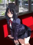  black_eyes black_hair blazer ground_vehicle jacket leaning_forward lips matsumoto_noriyuki nagasaki original pleated_skirt school_uniform sitting skirt solo train_interior 