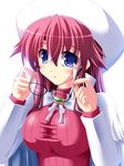 aty_(summon_night) blue_eyes blush breasts eyewear_removed glasses hat holding holding_eyewear huge_breasts long_hair long_sleeves looking_at_viewer pink_hair ribbed_sweater simple_background solo summon_night summon_night_3 sweater upper_body utanone_shion white_background 