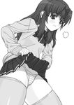  blush bow bowtie cameltoe embarrassed flat_chest frown greyscale long_hair monochrome morino_ichigo onegai_teacher panties pleated_skirt school_uniform shichimenchou simple_background skirt skirt_lift solo standing striped striped_panties sweater thick_thighs thighhighs thighs underwear 