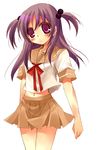  looking_at_viewer midriff navel original purple_eyes purple_hair sailor_collar school_uniform serafuku short_sleeves simple_background solo standing stomach suzushiro_kurumi two_side_up white_background 