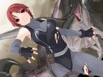  aka_ume blood dino_crisis dinosaur elbow_gloves fantasy gloves red_eyes red_hair regina solo thigh_strap torn_clothes 