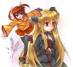  blonde_hair fate_testarossa long_hair lyrical_nanoha mahou_shoujo_lyrical_nanoha multiple_girls orange_shirt shirt takamachi_nanoha tenkuu_sphere thighhighs twintails very_long_hair zettai_ryouiki 