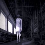  bare_legs barefoot black_hair hallway indoors iwai_ryou long_sleeves machinery original short_hair sleeves_past_wrists solo window 