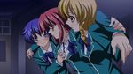  blonde_hair blue_hair breast_grab breasts grabbing kannagi_ayano kaze_no_stigma kudou_nanase medium_breasts multiple_girls red_hair sanshita school_uniform seiryou_academy_uniform shinomiya_yukari yuri 