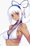  blue_eyes breasts cleavage covered_nipples dark_skin hairband kawata_hisashi long_hair majikina_mina medium_breasts samurai_spirits sideboob snk solo white_hair 