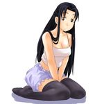  between_legs black_hair black_legwear bloomers breasts brown_eyes camisole cleavage half_updo hand_between_legs hosokawa_kanako large_breasts long_hair lowres maria-sama_ga_miteru sitting solo thighhighs toshifumi underwear 