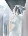  black_hair bus_stop from_side hand_on_own_chest ikeda_jun_(mizutamari) original outdoors profile puffy_sleeves rain short_hair solo source_request text_focus water 