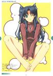  black_hair blouse blue_eyes bottomless covering covering_crotch fate/stay_night fate_(series) feet highres one_eye_closed shirt_tug sitting solo takatou_suzunosuke toosaka_rin turtleneck v_arms 