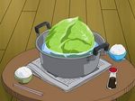  cabbage chopsticks food newspaper no_humans onegai_my_melody pot rice rice_bowl screencap soy_sauce still_life 