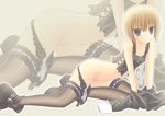  ankle_boots bare_shoulders blonde_hair blue_eyes boots brown_legwear collarbone frills full_body kurasawa_kyoushou leg_garter looking_at_viewer midriff navel no_panties original short_hair solo stomach thighhighs zoom_layer 