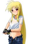  40010prototype areolae black_gloves blonde_hair blue_pants blush cowboy_shot eyebrows_visible_through_hair fate_testarossa fingerless_gloves gloves groin long_hair looking_at_viewer lyrical_nanoha mahou_shoujo_lyrical_nanoha_strikers midriff navel no_bra pants red_eyes see-through shirt short_sleeves simple_background solo straight_hair sweat t-shirt unbuckled_belt unfastened very_long_hair water_drop wet wet_clothes white_background white_shirt wringing_clothes 