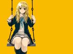  air_gear black_legwear blonde_hair cradle_(artist) cross_hair_ornament hair_ornament hairclip long_hair looking_at_viewer misaki_kurehito neck_ribbon orange_background orange_eyes panties pantyshot ribbon school_uniform simple_background skirt solo sumeragi_kururu swing underwear upskirt 