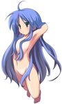  ahoge armpits barefoot bikini_tan blue_hair blush breasts green_eyes hair_censor hair_over_breasts hair_over_crotch izumi_konata long_hair lucky_star mizoguchi_keiji nude simple_background solo tan tanline very_long_hair white_background 