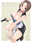  aka_ume areolae blue_eyes breasts brown_hair cleavage gun handgun holding holding_gun holding_weapon huge_breasts jill_valentine panties pantyshot pencil_skirt pistol resident_evil resident_evil_3 short_hair skirt solo underwear weapon 