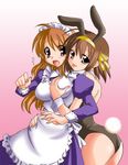  animal_ears asahina_mikuru bare_legs breast_grab breasts brown_hair bunny_ears bunnysuit c-chaos grabbing large_breasts maid multiple_girls no_legwear short_hair suzumiya_haruhi suzumiya_haruhi_no_yuuutsu yuri 