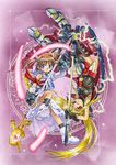  arm_belt bardiche belt blonde_hair bow cape electricity fate_testarossa fingerless_gloves gloves lyrical_nanoha magazine_(weapon) magic magic_circle magical_girl mahou_shoujo_lyrical_nanoha mahou_shoujo_lyrical_nanoha_a's multiple_girls purple_eyes raising_heart red_bow red_eyes red_hair single_fingerless_glove takamachi_nanoha tentai-&gt;kansoku thighhighs torn_clothes twintails 