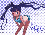  bent_over bikini blue_eyes kiyal one_eye_closed ookamiuo purple_hair solo sports_bikini swimsuit tan tengen_toppa_gurren_lagann twintails 