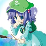  backpack bag bangs blue_dress blue_eyes blue_hair blunt_bangs blush closed_mouth dress flat_cap frown hair_bobbles hair_ornament hat kawashiro_nitori looking_at_viewer lowres pocket pointing simple_background solo tajima_yuuki touhou two_side_up white_background 