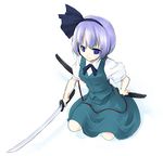  black_hairband blue_hair hairband katana konpaku_youmu lowres ribbon sakuraba_yuuki short_hair solo sword touhou weapon 