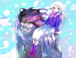  1girl berserker blue_skin boots bow bowtie bubble_background fate/stay_night fate_(series) frills giant illyasviel_von_einzbern long_hair looking_at_viewer osamu purple_coat purple_footwear red_bow red_eyes red_hair red_neckwear size_difference skirt white_hair white_skirt yellow_eyes 