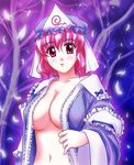  :o arm_garter blush breasts frills japanese_clothes kimono large_breasts long_sleeves looking_at_viewer navel no_bra open_clothes open_kimono parted_lips pink_eyes pink_hair saigyouji_yuyuko short_hair solo stomach touhou triangular_headpiece wide_sleeves yamaguchi_yuu 